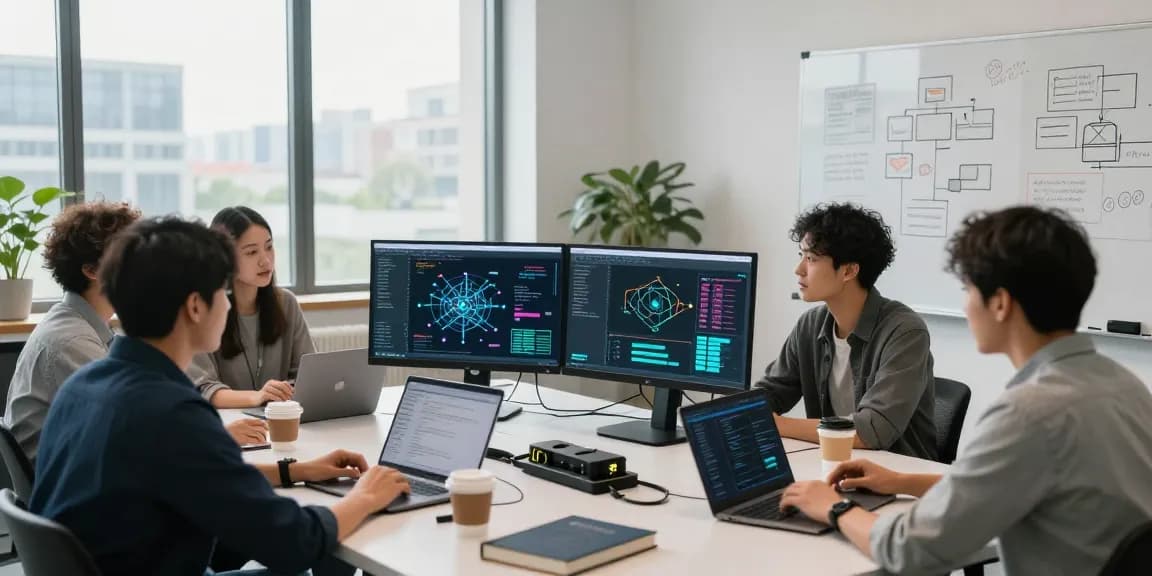Engineers collaborating on edge computing prototypes in a modern workspace, showcasing innovative tech solutions.
