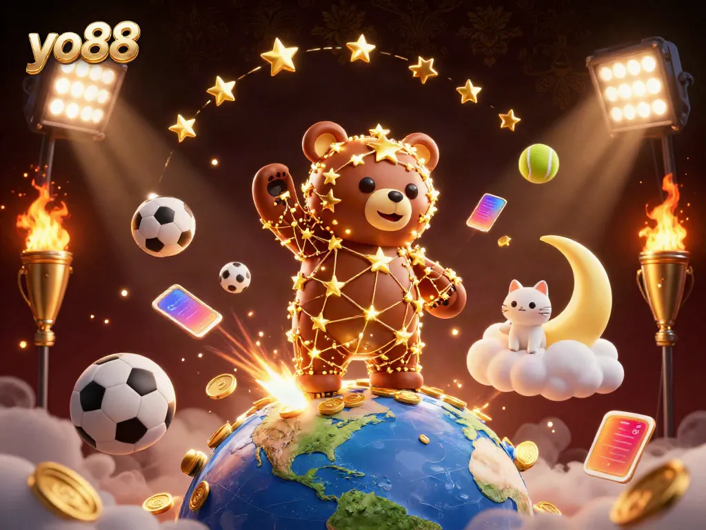 Experience the excitement at yo88 with a dynamic 3D illustration featuring sports balls and golden elements.