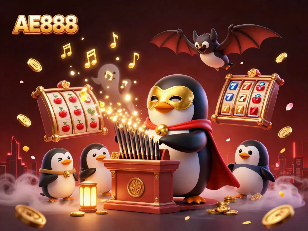 Experience thrilling AE888 gaming with a golden-masked penguin at the slot reels, enhanced by vivid casino elements.