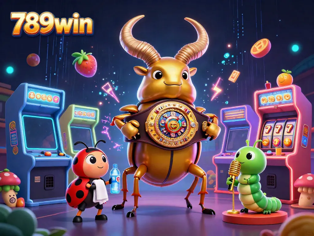 Experience the thrill of 789win with a vibrant 3D illustration featuring a champion beetle and casino elements.
