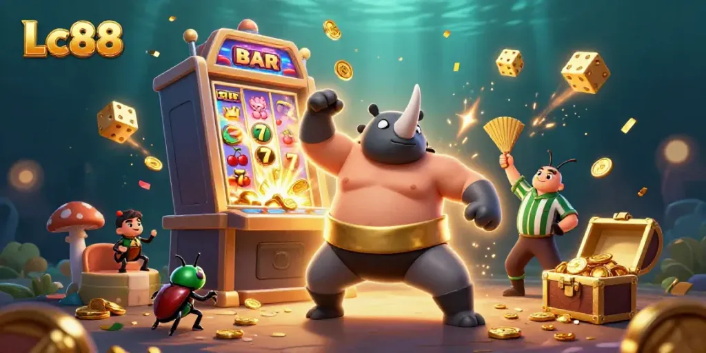 Join the Lc88 excitement with a cartoon beetle champion celebrating a casino jackpot.