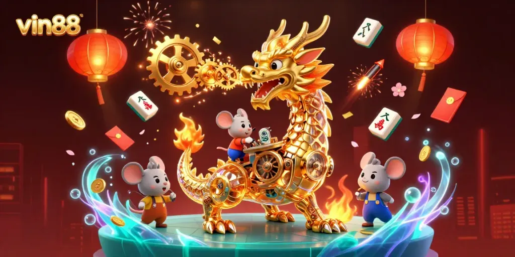 Experience thrilling gameplay at vin88 with a dynamic golden dragon surrounded by festive gambling elements.