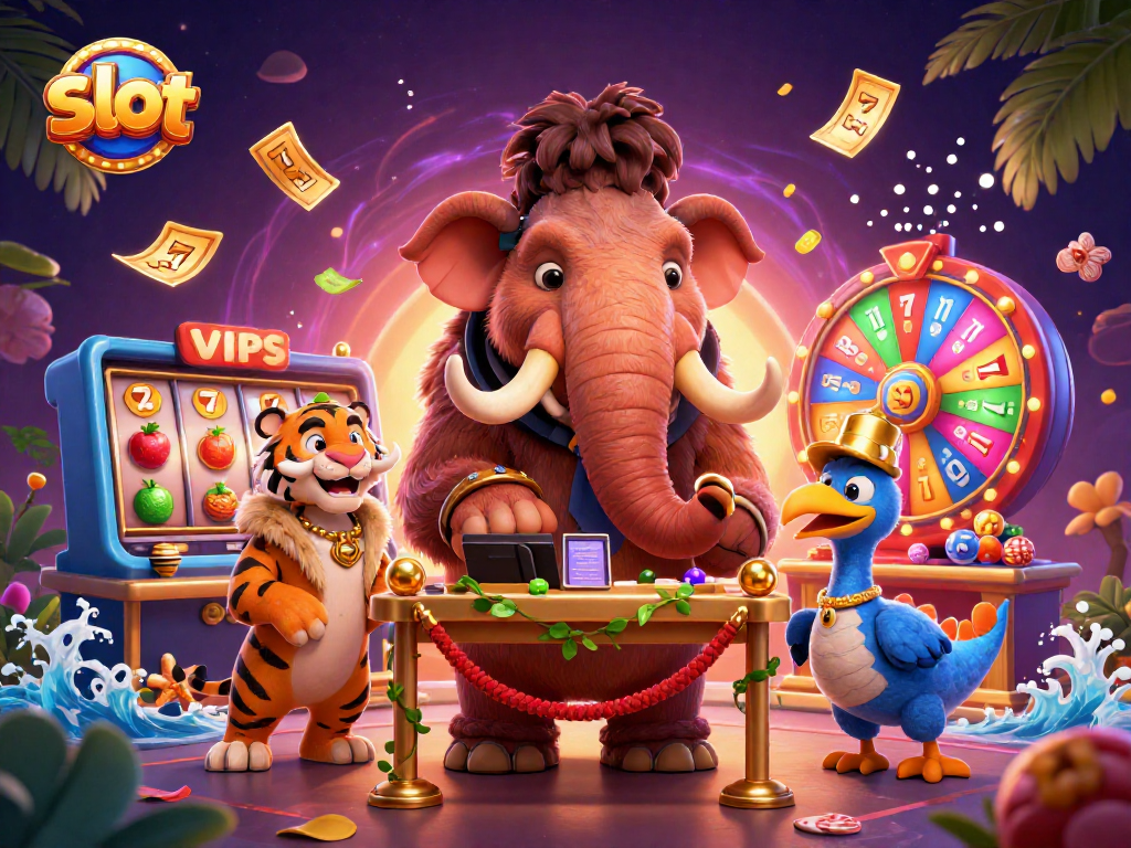 Engage with slots in an exciting casino scene featuring vibrant colors and lively characters.