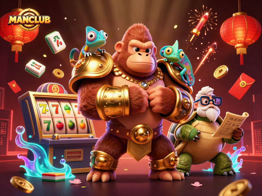 MANCLUB illustration showcasing a powerful gorilla king amidst vibrant casino elements, engaging gamers.