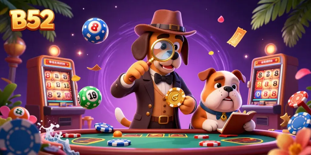 B52 casino scene depicting a detective bloodhound examining a poker chip clue with colorful lottery balls and slot machines.