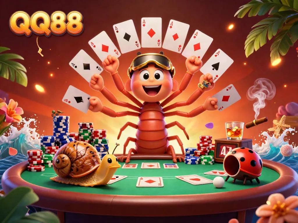 Engage with QQ88 as a cartoon millipede dealer dazzles players with cards, immersed in a lively casino scene.