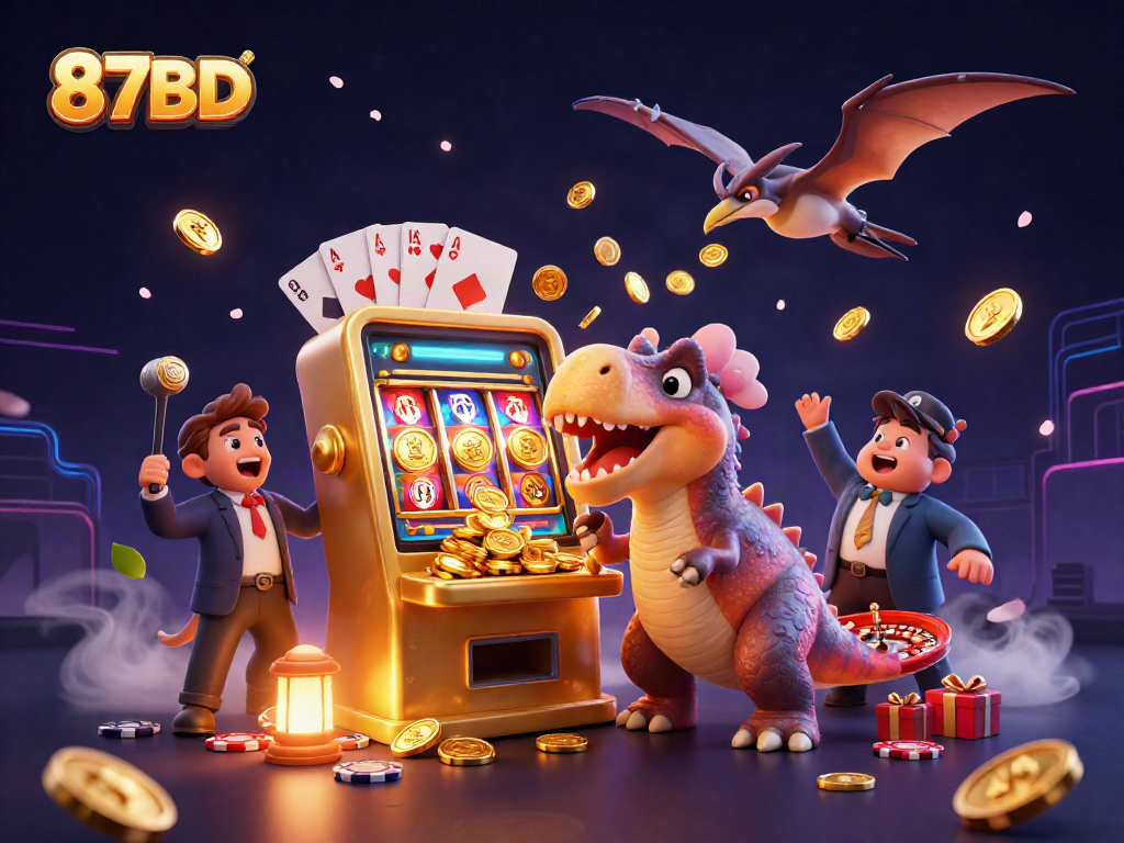 87BD showcases a pachycephalosaurus jackpot celebration amidst a vibrant casino scene.