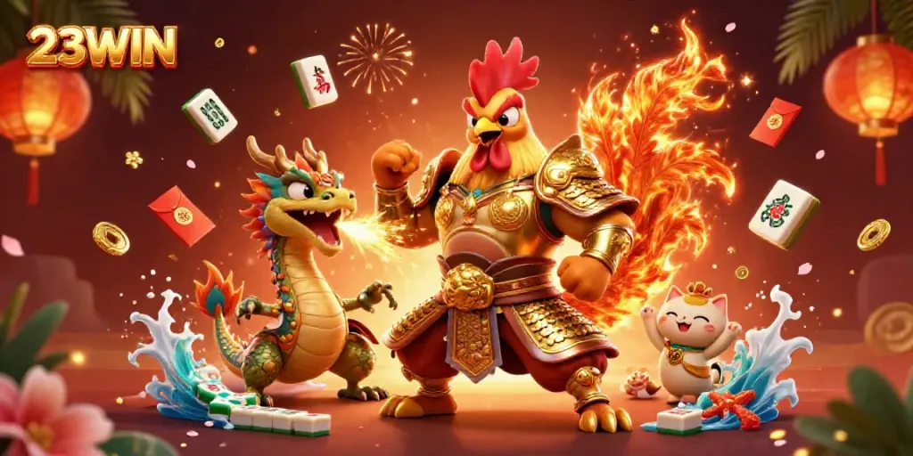 Experience the thrill of 23WIN with this dynamic casino illustration of a fighting rooster warrior and dragon.