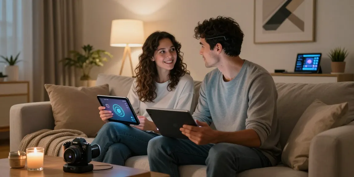Couple engaging with AI sex technology in a cozy room, showcasing intimate connection with futuristic devices.