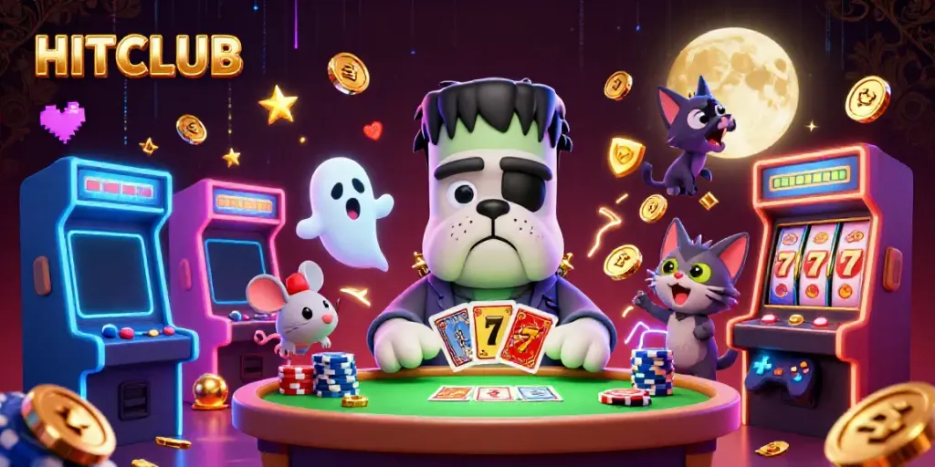 Engage with HITCLUB's thrilling atmosphere featuring a Frankenstein bulldog, ghost mouse, and werewolf kitten in a vibrant casino scene.