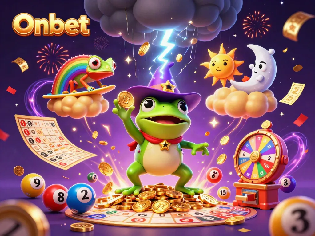 Onbet's exciting casino scene showcases a frog wizard and a chameleon amidst a gold coin storm and vibrant lottery elements.