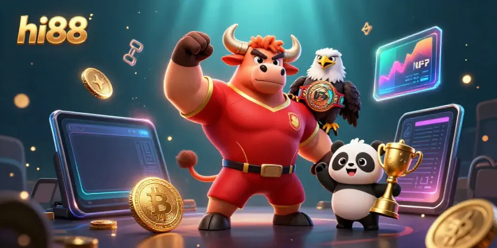 Experience the excitement of hi88 with our cartoon characters celebrating, surrounded by gaming elements and crypto coins.
