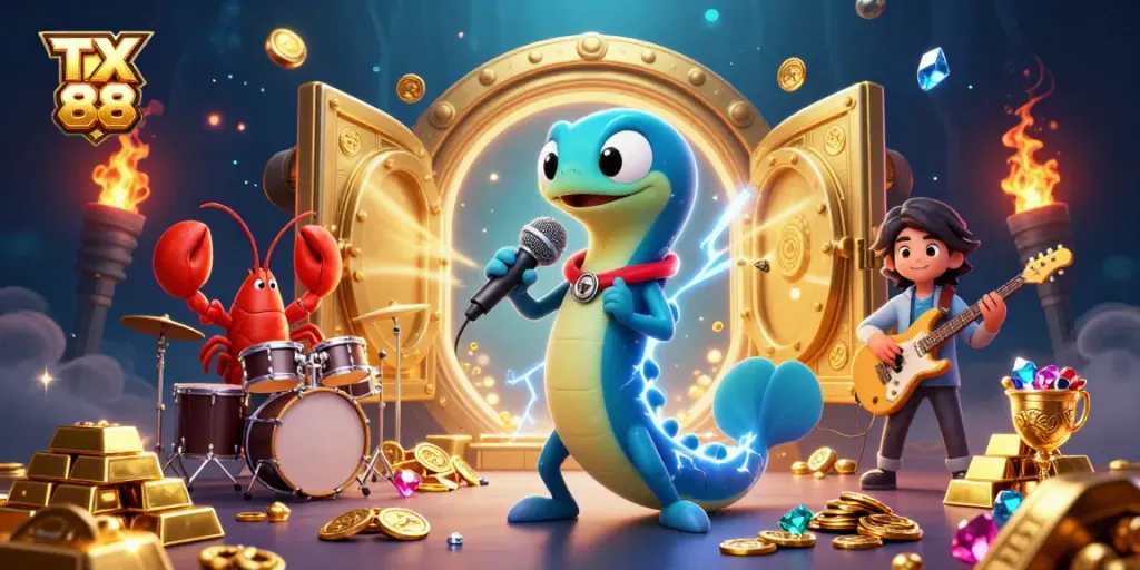 Experience lively underwater casino vibes with TX 88 in a vibrant 3D scene featuring DJ performances and treasure