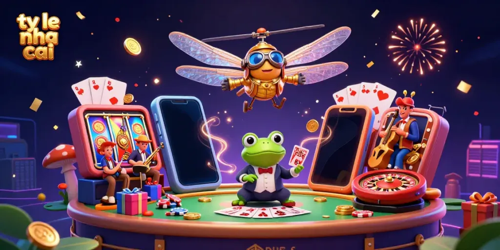 Engage in thrilling gaming action with ty le nha cai showcasing vibrant characters at a lily pad 카지노.