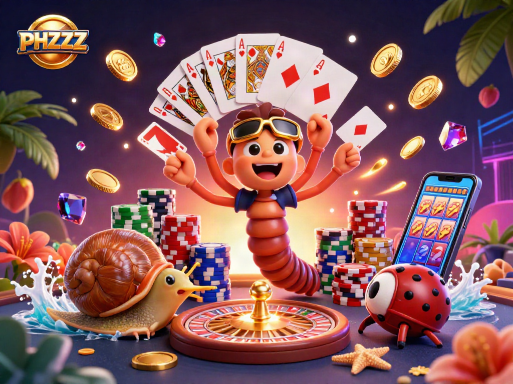 Experience thrilling moments with PHZZZ's vibrant casino illustration showcasing a dynamic millipede dealer and high-roller snail.