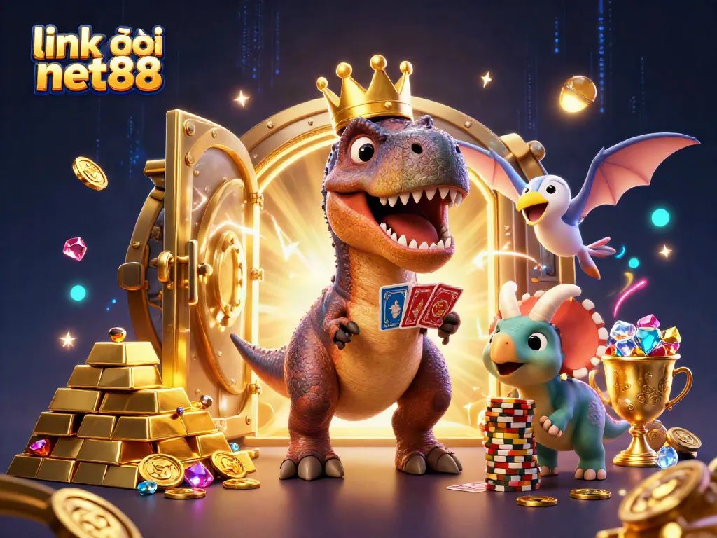 Experience the excitement of link vào net88 with a dynamic casino-themed illustration featuring playful dinosaurs and gold treasures.