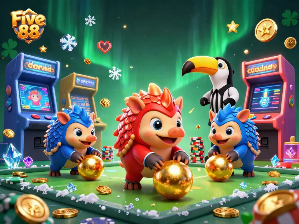 Experience thrilling gameplay at Five 88 with vibrant pangolins amidst casino excitement and colorful game elements.