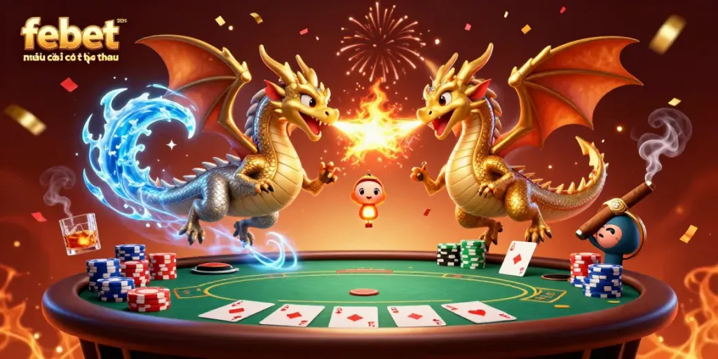 Engage with febet 2025 nhà cái cá cược thể thao through an exciting scene of twin dragons and poker elements.