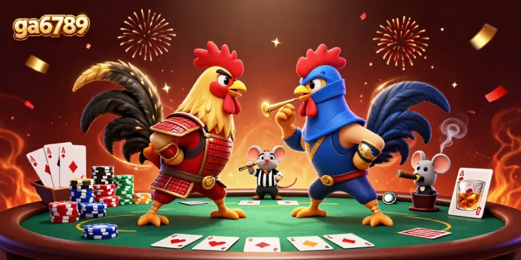 Intense showdown between roosters in samurai and ninja gear amidst casino elements, themed for ga6789.