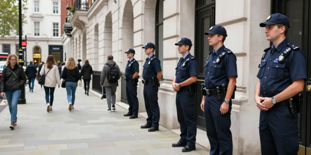Security Company providing professional security services outside corporate buildings in London.