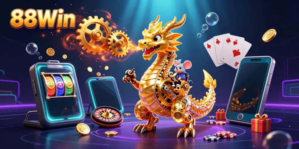 Engage with vibrant gaming moments at 88Win, featuring dynamic casino elements and a unique dragon character.
