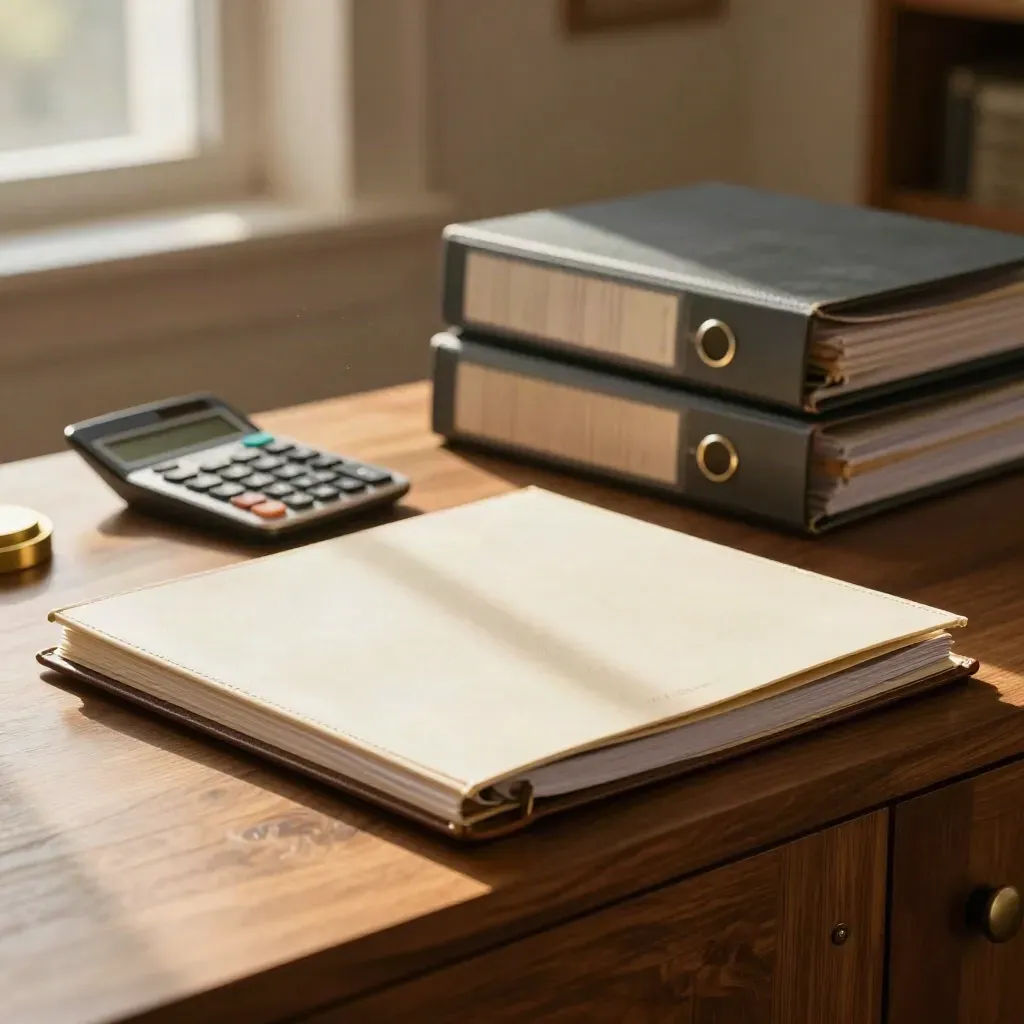 Cream pension binder with leather folio and calculator beside two old tabbed binders on a walnut credenza.