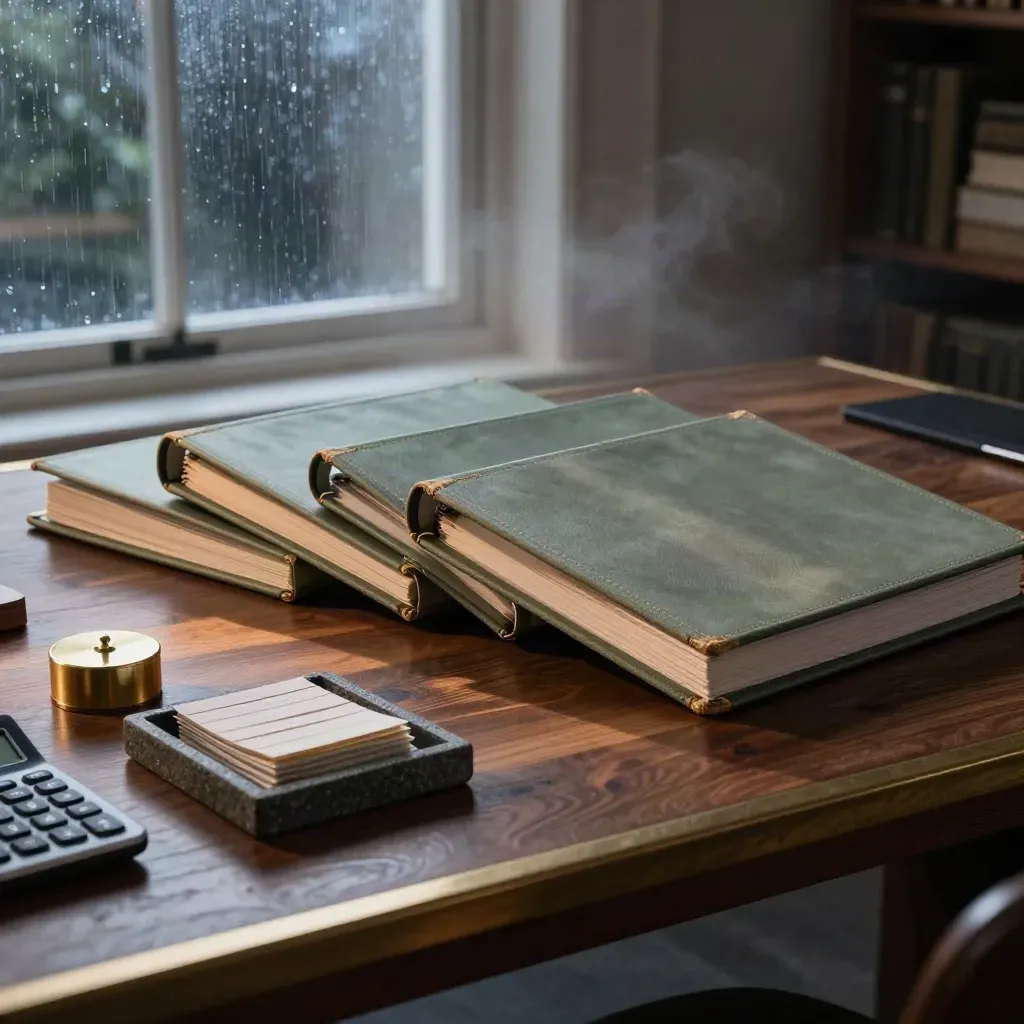Five matte binders, brass paperweight and calculator on a walnut study table after rain