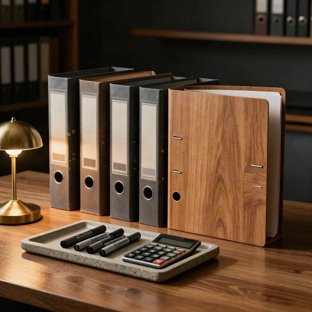 Five archive folders, fund markers, calculator and brass lamp on oak in warm editorial light.