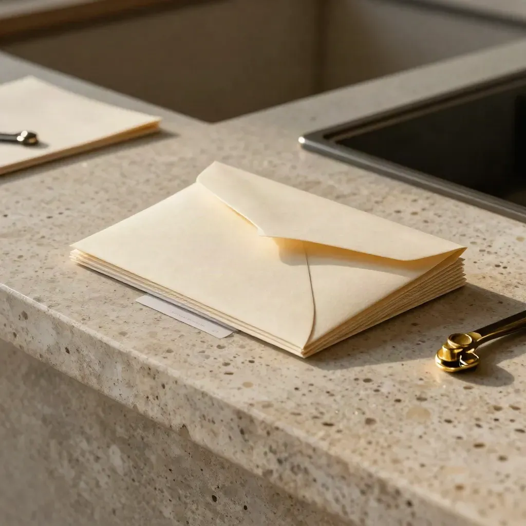 ISA guidance materials on travertine: envelope, allowance card, fund tabs and brass clip in dramatic light.