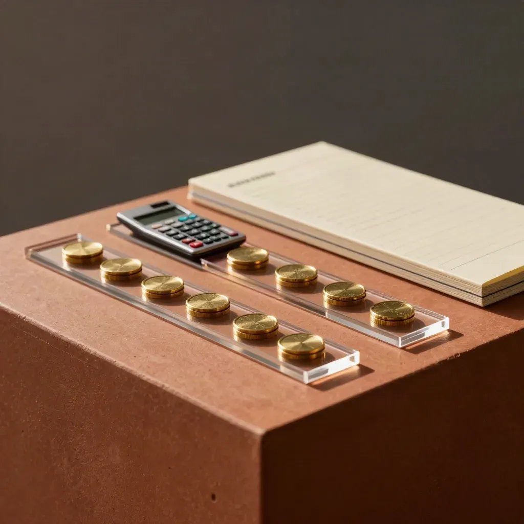 Fee comparison audit with acrylic lanes, brass markers and a screen-down calculator on terracotta stone.