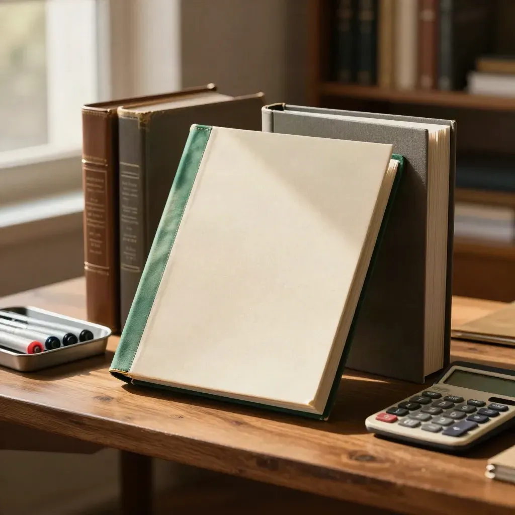 Slim ISA binder in front of two retired binders on a walnut shelf with a calculator and marker tray.