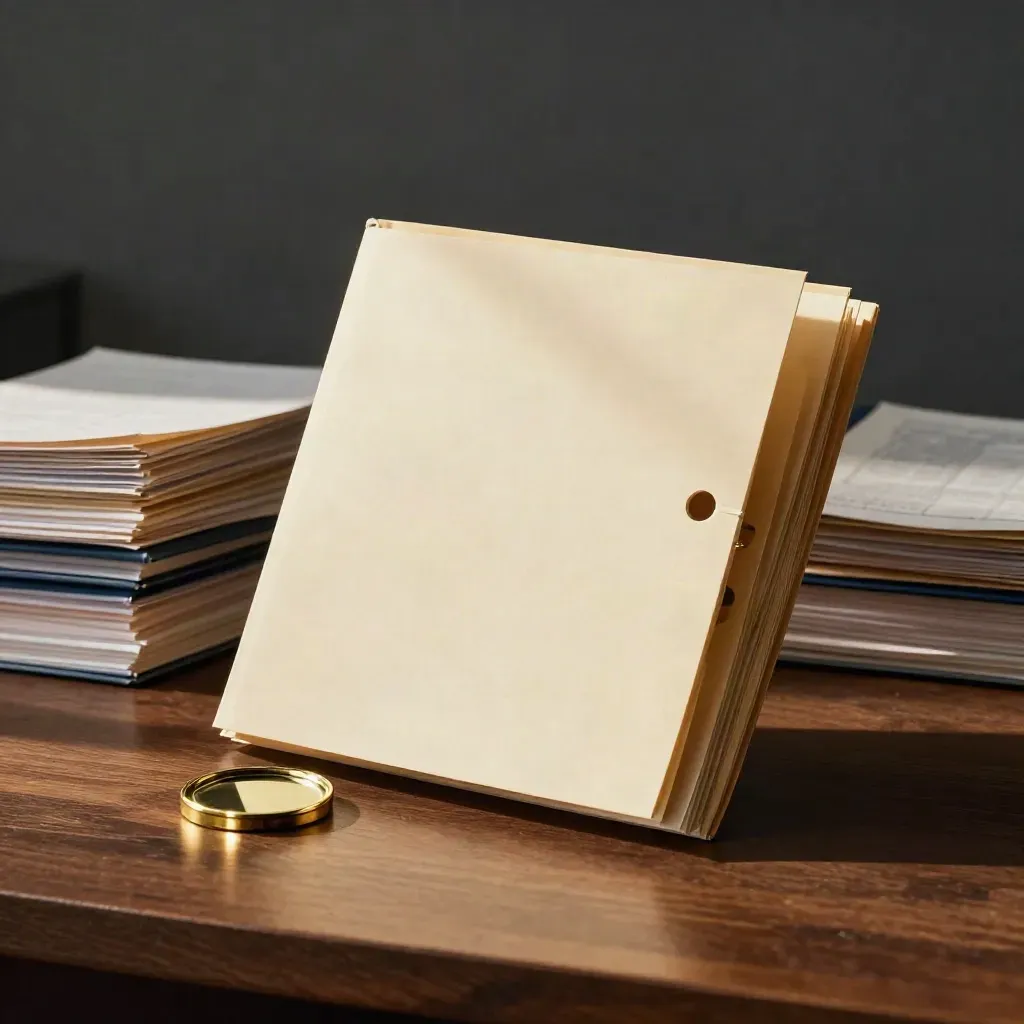 Cream archive folder with tab stacks sliding aside on a dark desk under moody light.