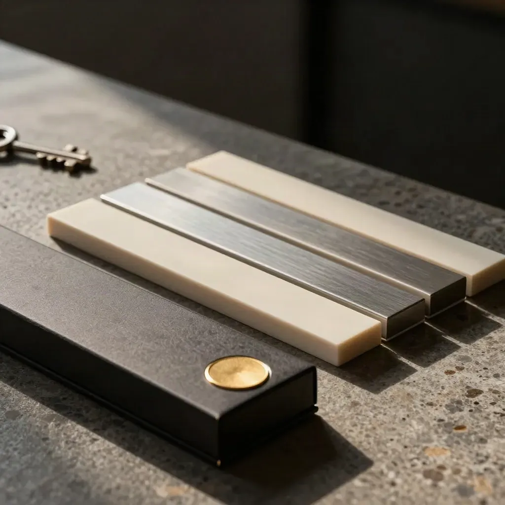 Five ivory and steel allocation tiles beside a dark box with a gold seal on stone.