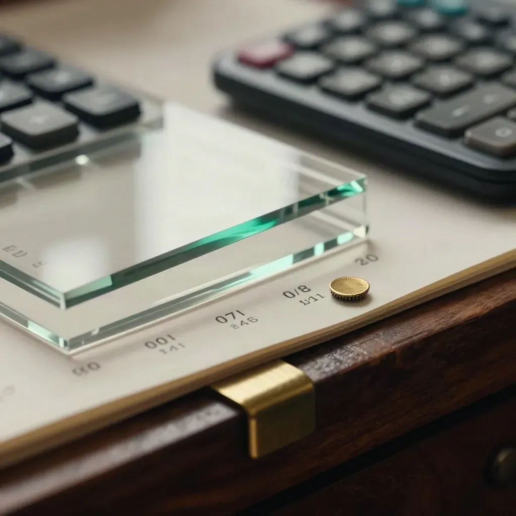 Macro of acrylic fee layers, calculator, and brass total chip on walnut.