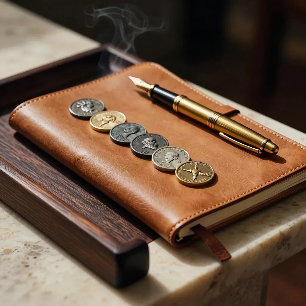Leather notebook, brass pen, and five stone tokens on a dark wood tray in dramatic low light.