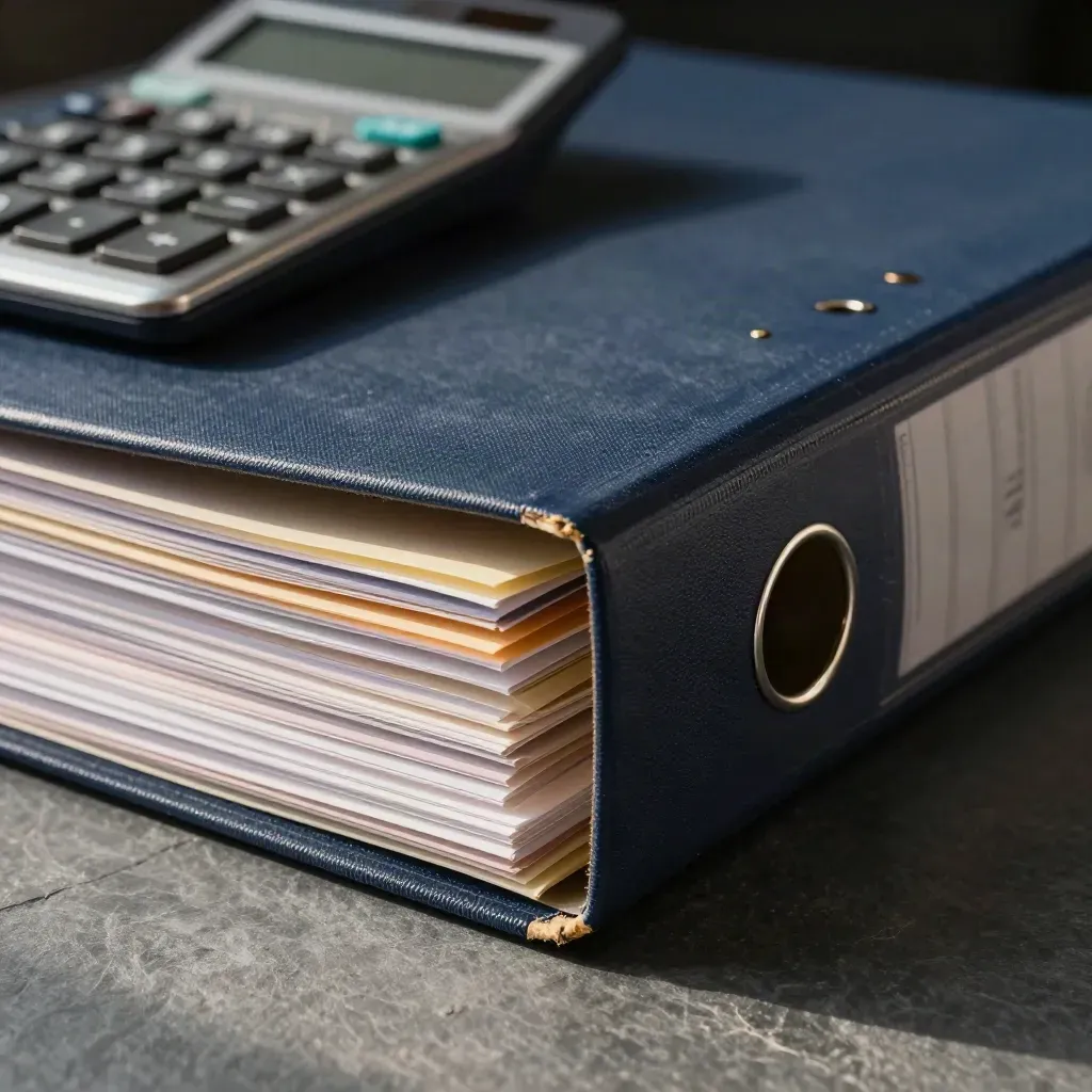 Stacked research binders, graphite calculator and aligned index tabs on slate.