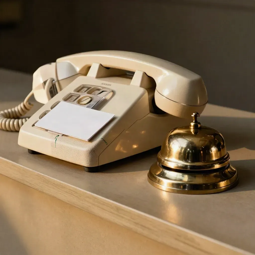 Cream phone, brass bell and blank cards in a linen tray on a khaki reception ledge, lit from upper left.