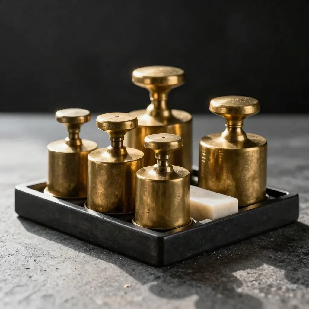 Brass portfolio weights and pale divider block on stone in a dark tray.