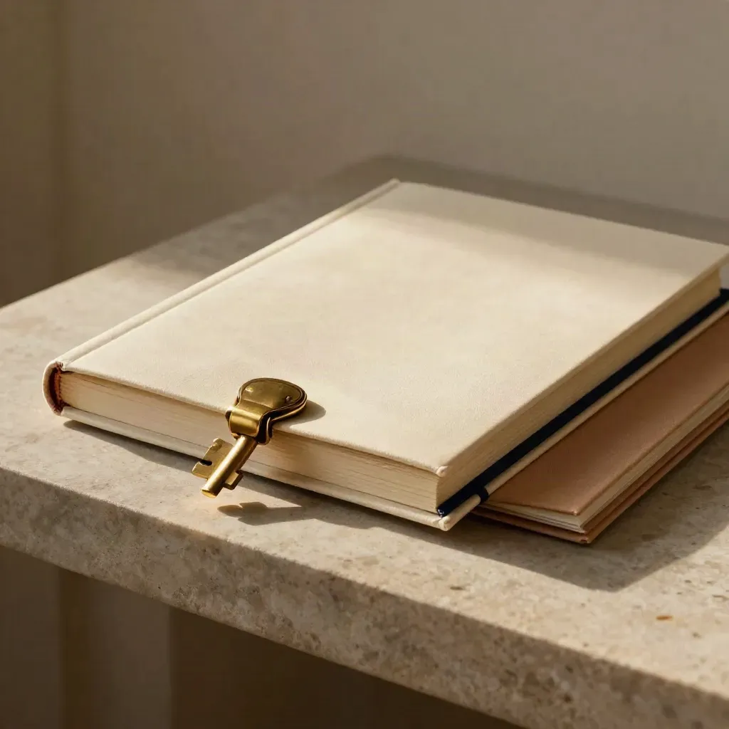 Cream investment folio with brass clasp and navy ribbon on limestone shelf