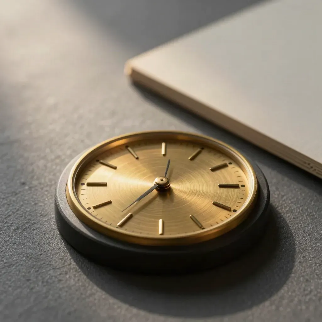 Extreme macro of a brass progress dial, marker advanced one notch, glowing softly against dark graphite.