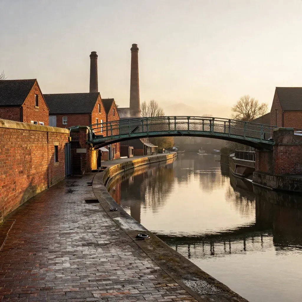 Midlands canal basin at golden hour with red brick warehouses, iron bridge, and calm reflective water.