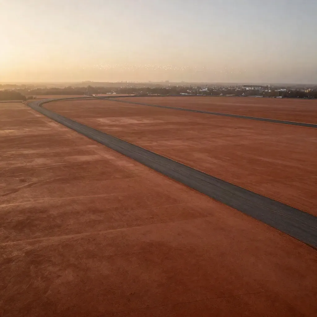 UK city lights glow above a calm terracotta-plaster horizon under blue-hour haze.