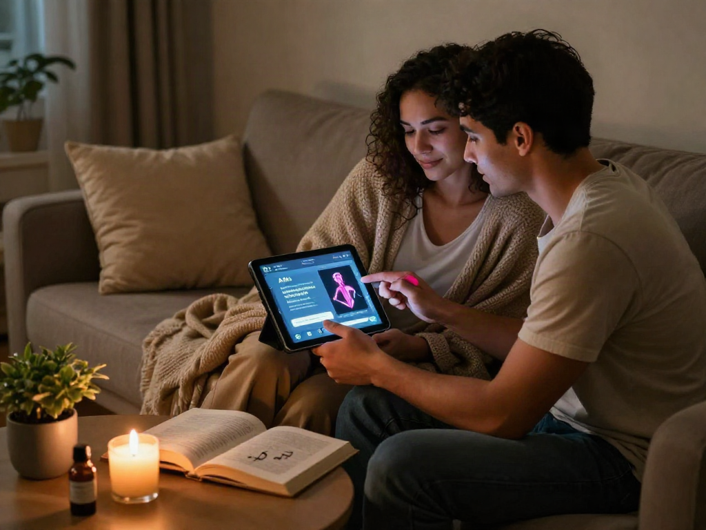 Couple engaging with AI sex education tools in a cozy home setting