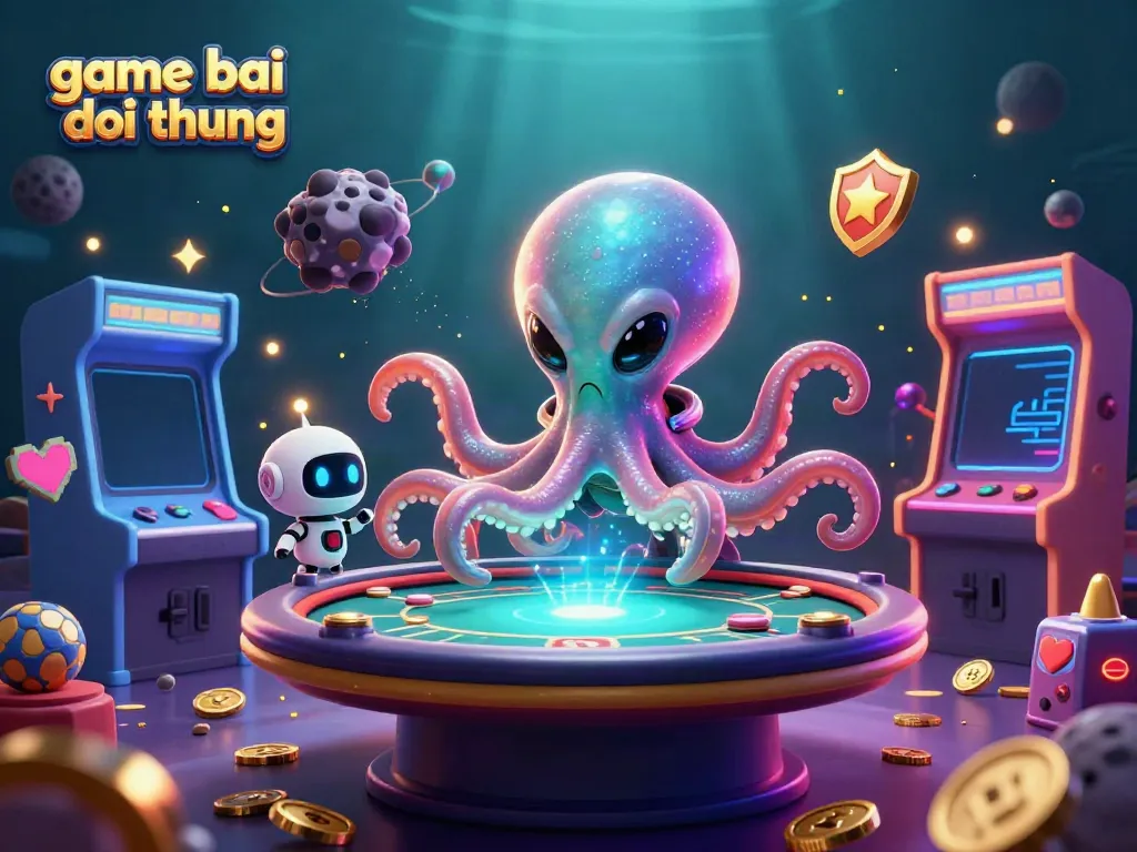 Experience the thrill of game bai doi thuong with an octopus dealer and casino elements in space.