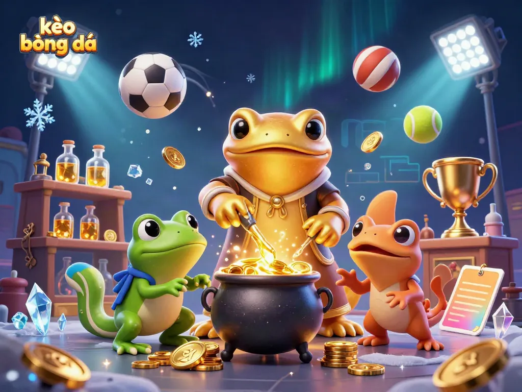 Experience kèo bóng đá through a magical scene of a golden salamander alchemist with sports elements.