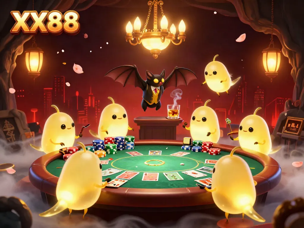 Illuminate your poker game with XX88, featuring glowworm characters and a vibrant casino atmosphere.