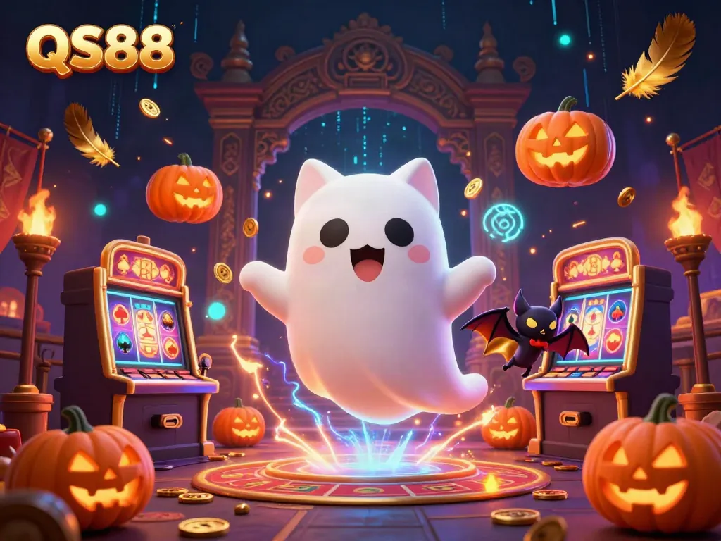 Experience the thrilling QS88 casino atmosphere with a ghost cat and bat amidst vivid gaming elements.