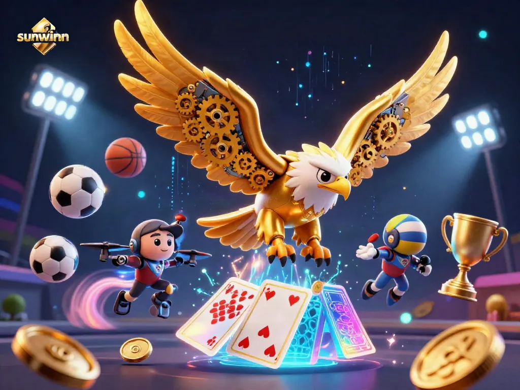 Experience the thrill of gaming with sunwinn’s dynamic casino scene featuring a cybernetic eagle surrounded by holographic cards and sports elements.