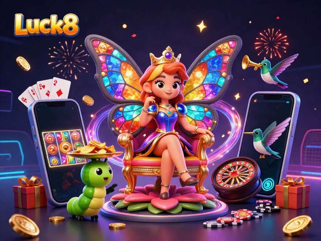 Experience Luck8's vibrant casino atmosphere with a colorful illustration featuring a butterfly queen, gaming elements, and a dazzling backdrop.