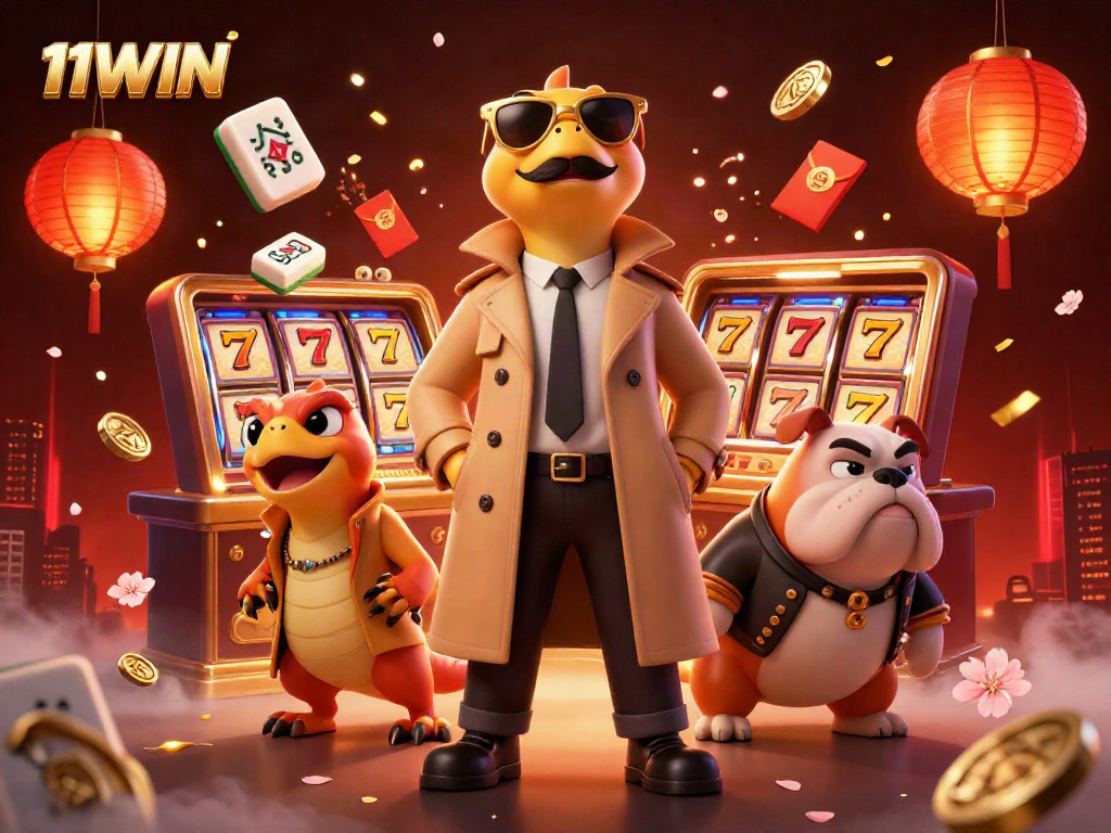 Experience the thrill of 11WIN as raptors attempt entry into a VIP casino with vibrant gaming elements.
